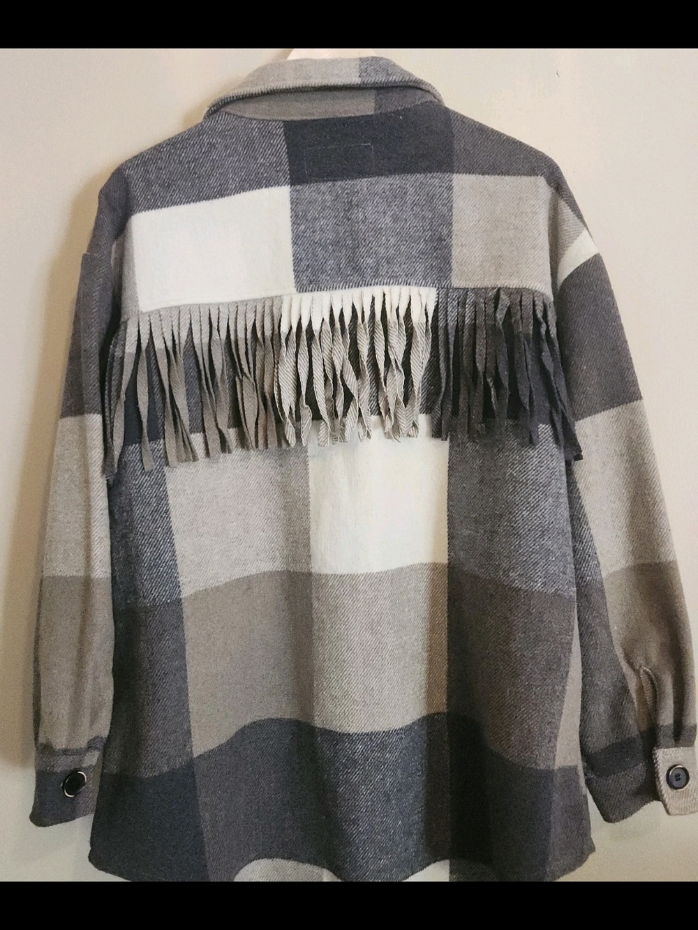 J49 Jason Maxwell Outerwear Collection- tan gray & cream plaid jacket w fringe - Picture 6 of 9
